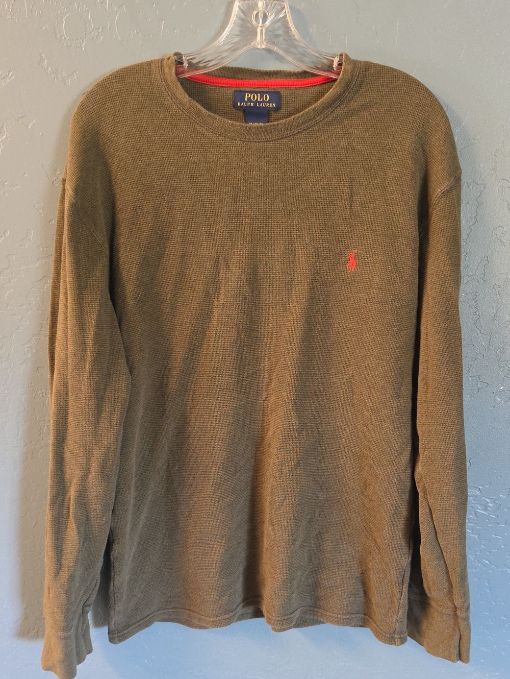 Polo by Ralph Lauren Olive Green Long Sleeve Waffle Knit Shirt with Red Pony
